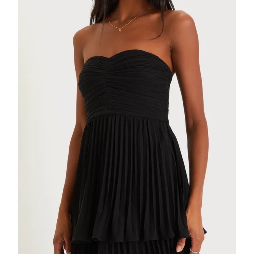 Lulus Seriously Sensational Black Strapless Tiered Pleated Maxi Dress Size L - Picture 4 of 14